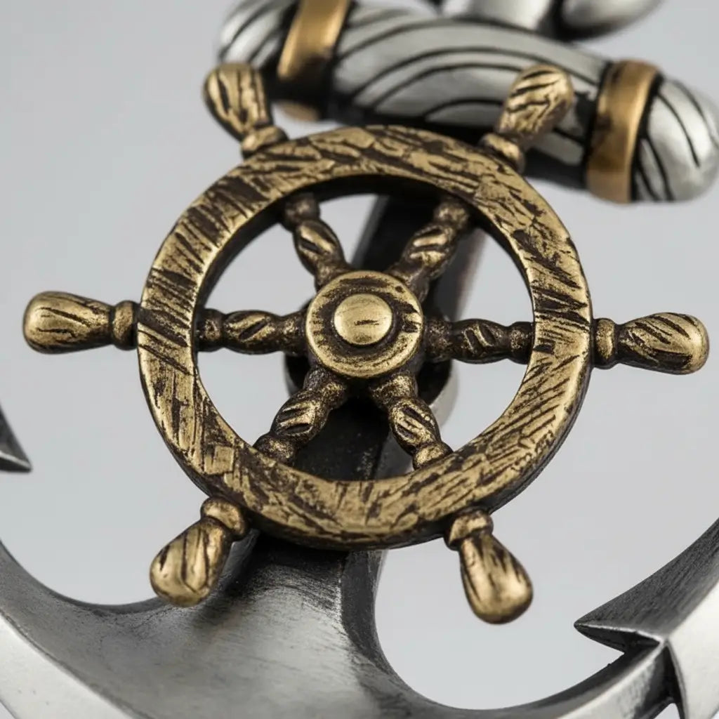 Gros plan sur le collier ancre et gouvernail en acier poli, détails raffinés et texture maritime.