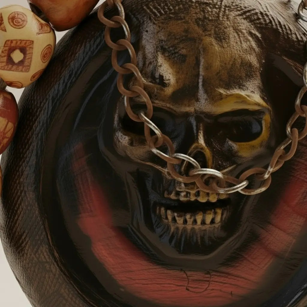 Gros plan sur la chaîne et le relief du crâne de la gourde Ténèbre, texture dorée et sombre.