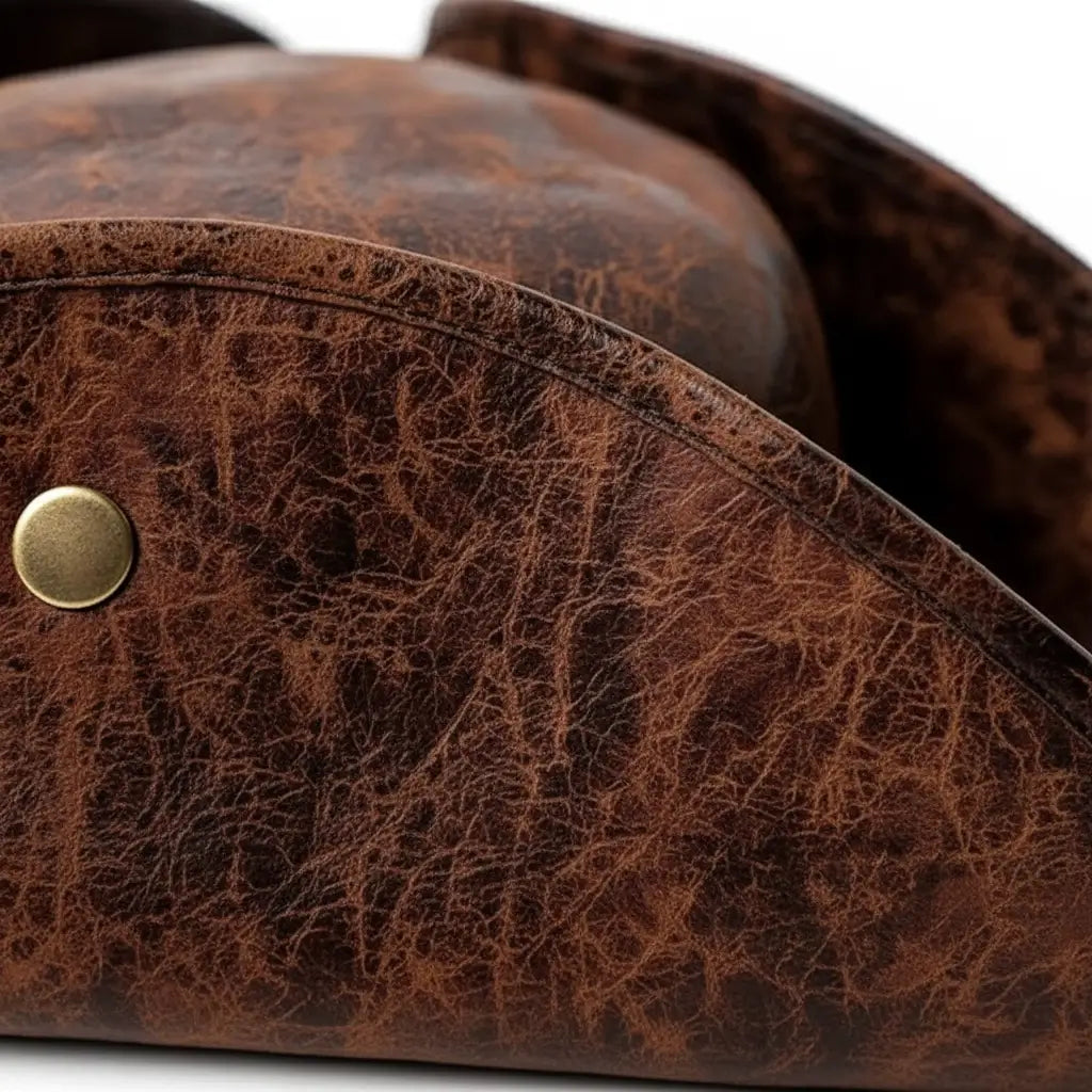Gros plan sur le tricorne pirate en cuir marron, montrant la texture patinée et les finitions dorées.