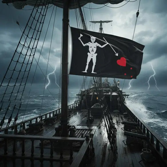 Drapeau pirate Barbe Noire flottant sur un bateau dans la tempête, symbole du capitaine.