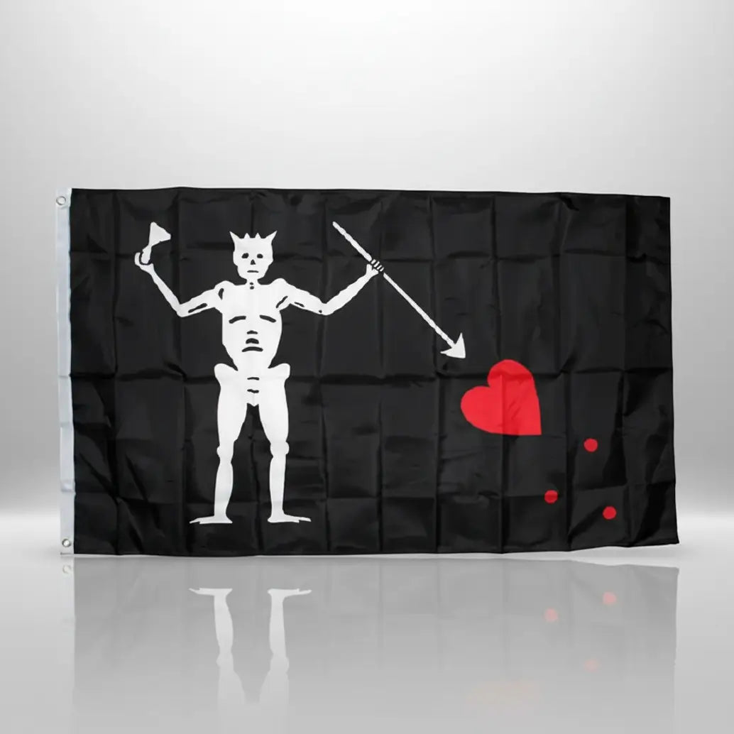 Drapeau pirate noir inspiré du style Punisher avec crâne blanc.