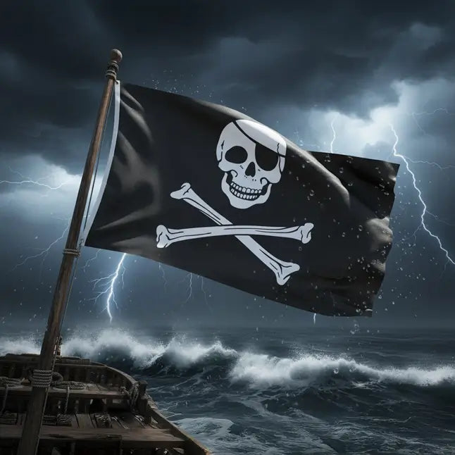 Drapeau pirate classique noir avec crâne blanc et os croisés flottant sur un bateau, scène immersive de tempête avec éclaires.