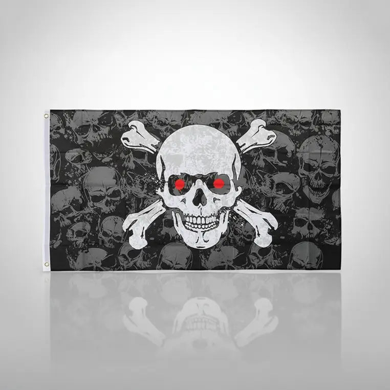 Drapeau pirate avec crâne et yeux rouges sur fond blanc.