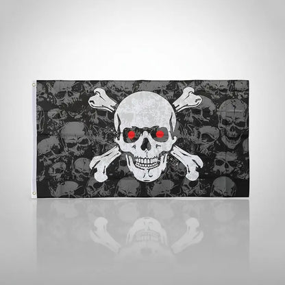 Drapeau pirate avec crâne et yeux rouges sur fond blanc.