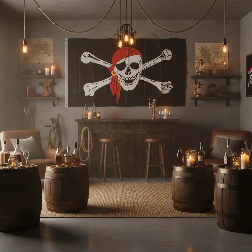 Drapeau pirate suspendu en décoration dans une taverne au style vintage avec une ambiance pirate.