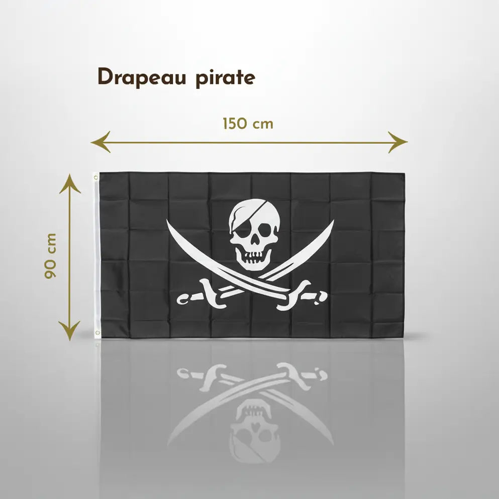 Dimensions du drapeau pirate 150x90 cm avec crâne et os croisés.