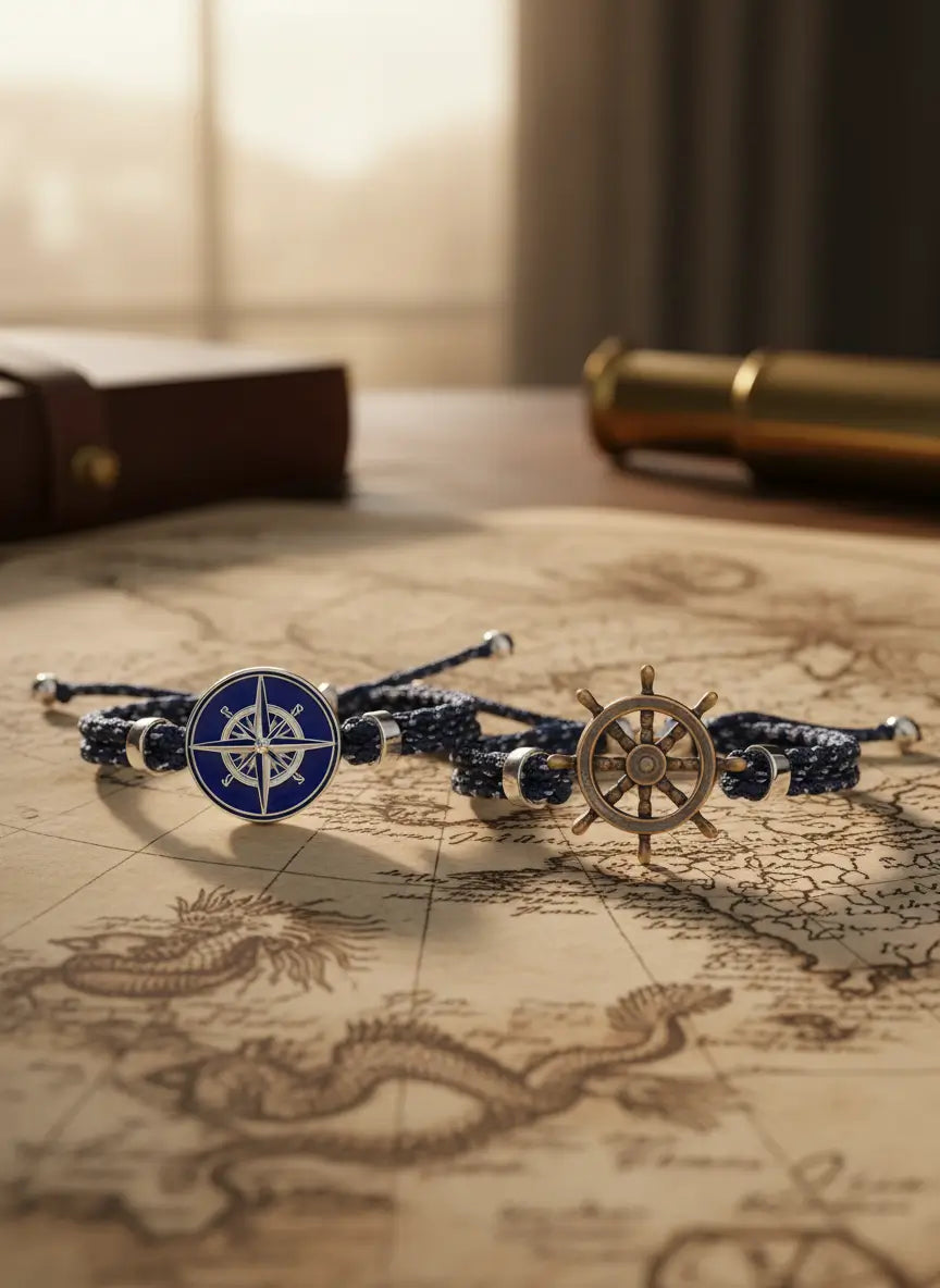 Duo de bracelet gouvernail et boussole, posés sur une carte ancienne, pour offrir à la Saint-Valentin.