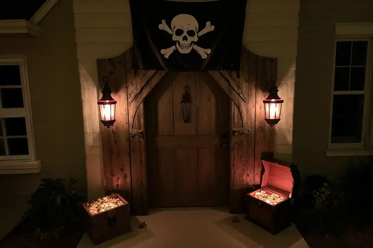 Entrée de maison décorée en thème pirate, avec drapeau Jolly Roger, lanternes allumées et coffres remplis d’or éclairés.