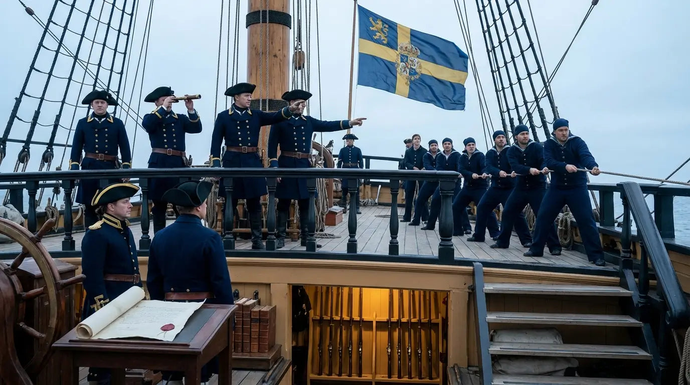Vue interne d'un voilier corsaire avec l'organisation très militaire des corsaires, et du capitaine qui donne un ordre à son équipage ordonné.