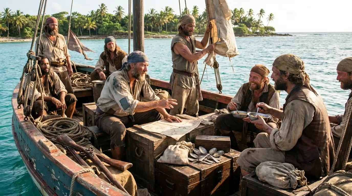Vue interne d'une barque de flibustier avec une ambiance conviviale et désordonnée entre l'équipage.