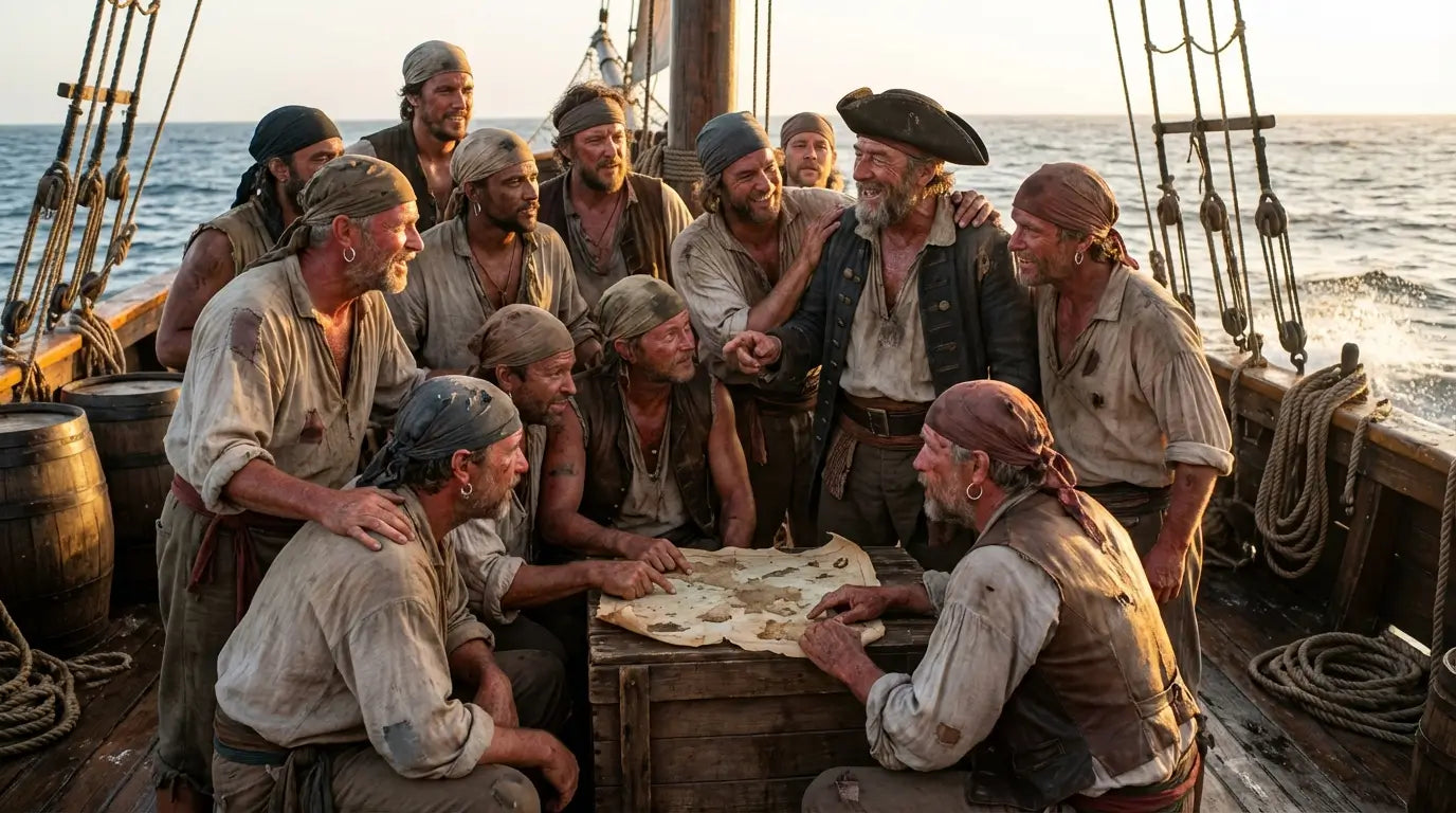 Vue interne d'un bateau pirate avec une ambiance très chalereuse et fraternelle entre l'équipage.