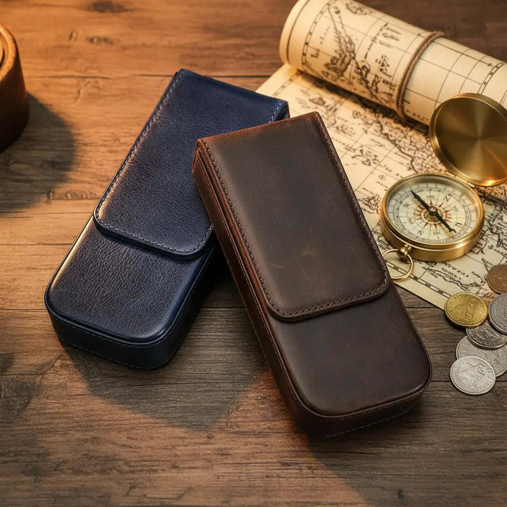 Étui en cuir du cartographe posé sur un bureau avec carte ancienne et instruments de navigation.