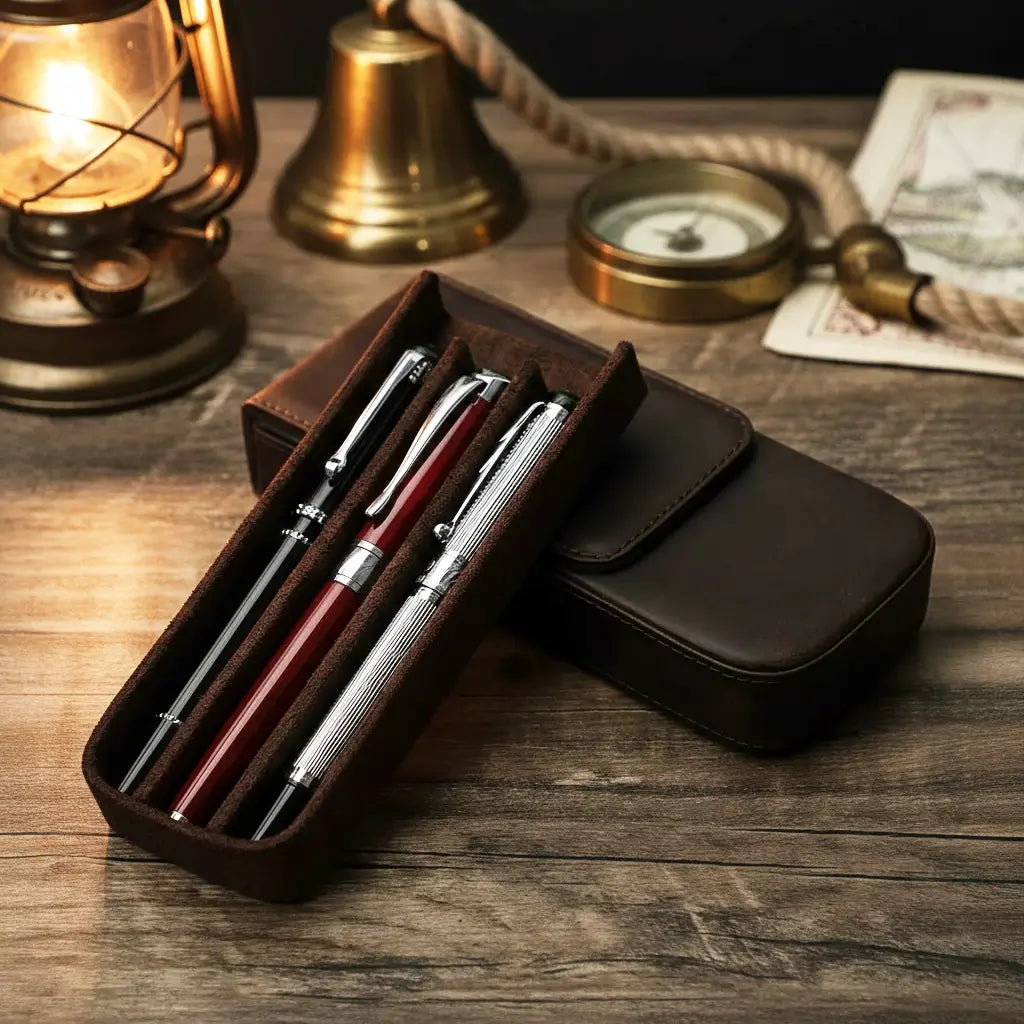 Étui en cuir du cartographe ouvert contenant des stylos, ambiance bureau d’explorateur.