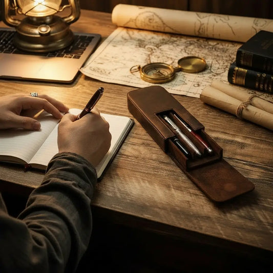 Étui en cuir du cartographe marron utilisé lors de l’écriture sur un bureau en bois.