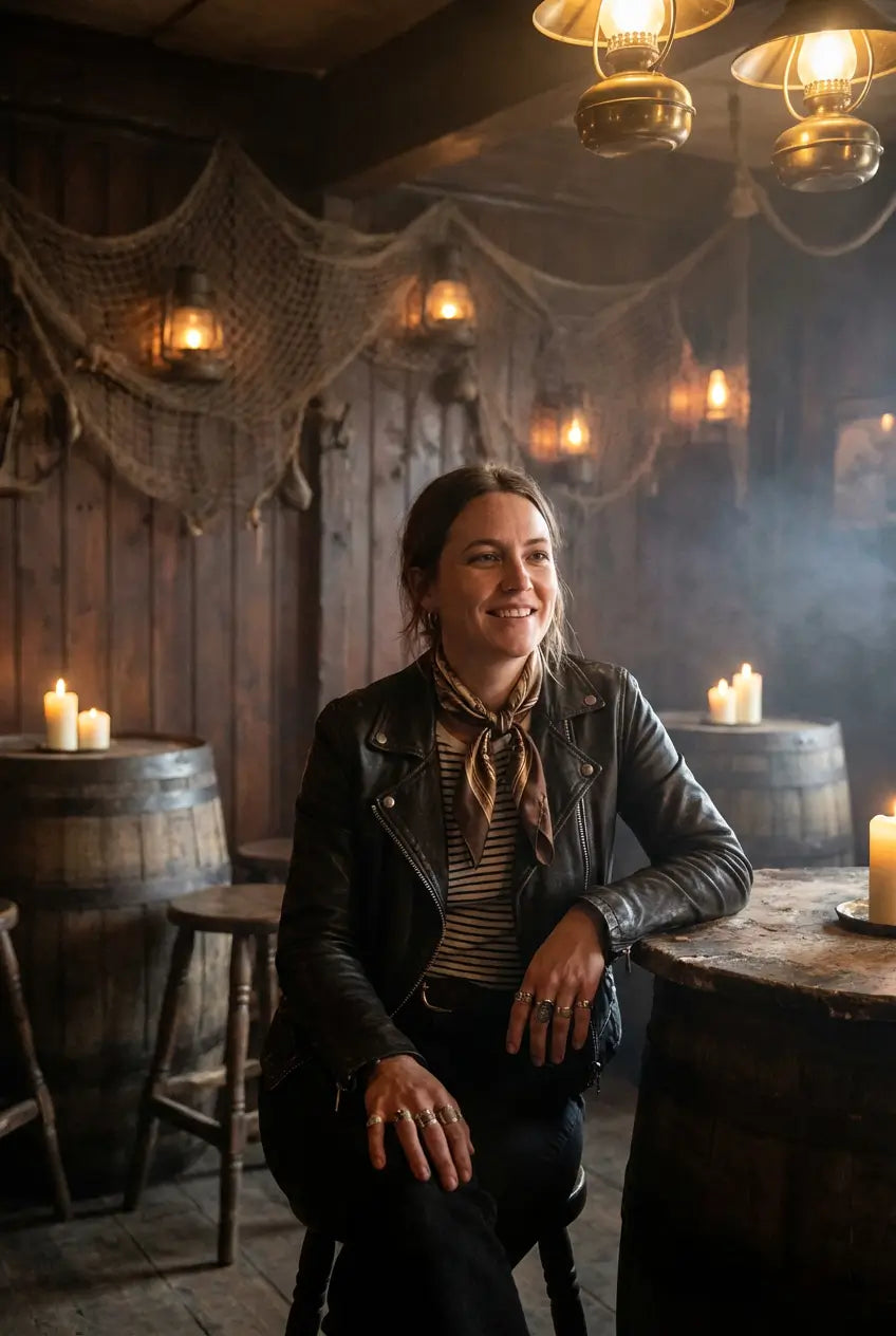 Femme aux airs de pirate moderne dans  un bar type taverne décoré au style rétro avec lanterne et tonneaux.