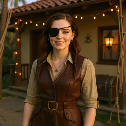 Femme souriante en chemise et veste en cuir style pirate portant un cache-œil noir en similicuir devant une maison décorée en taverne pirate.