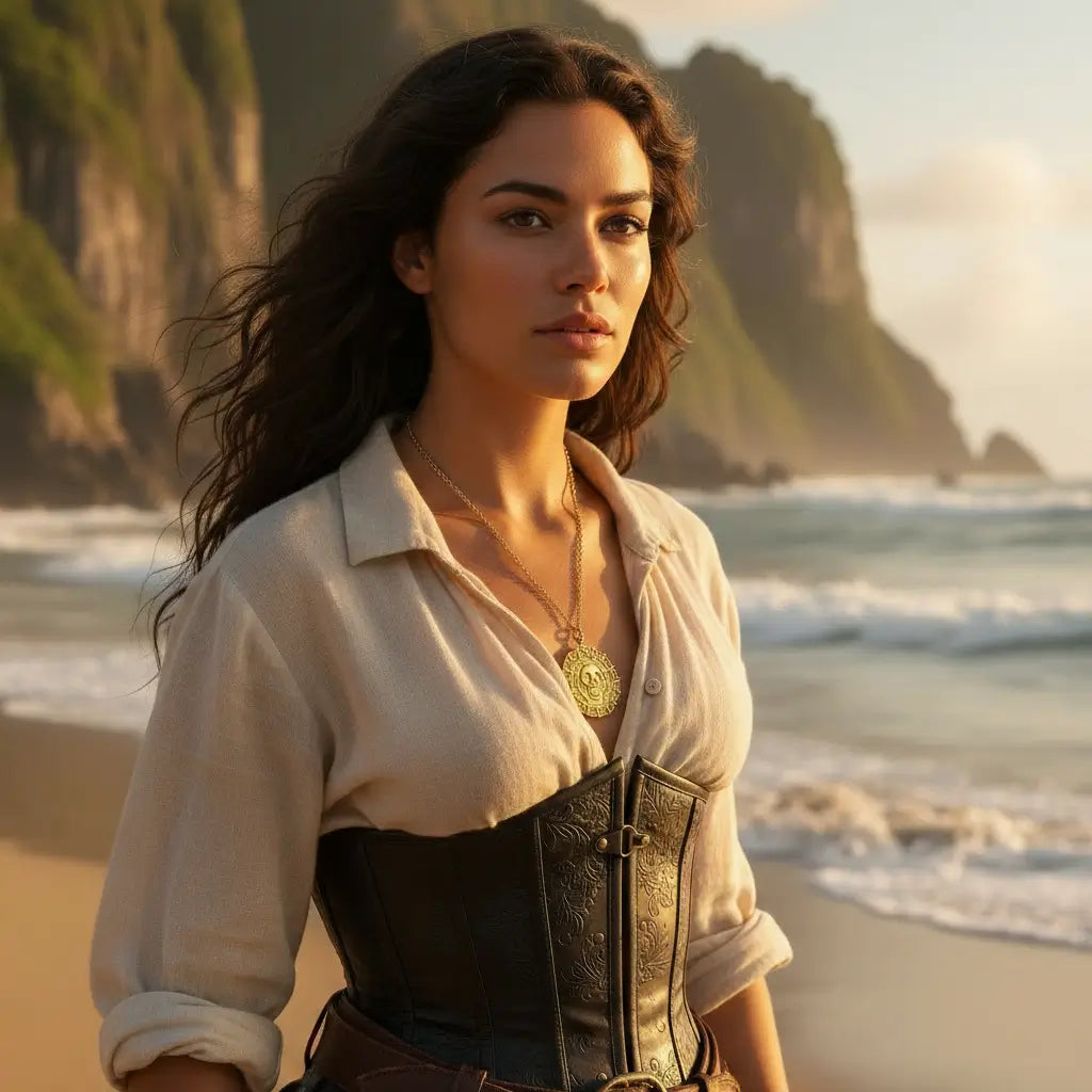 Femme pirate portant un collier crâne doré sur une plage tropicale, bijou des Caraïbes scintillant sous la lumière du soleil.