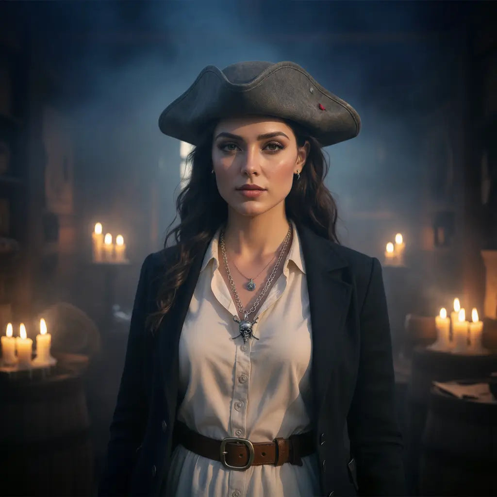 Femme pirate portant le collier Sabres du Flibustier, ambiance de taverne éclairée à la bougie, univers Ténèbre.