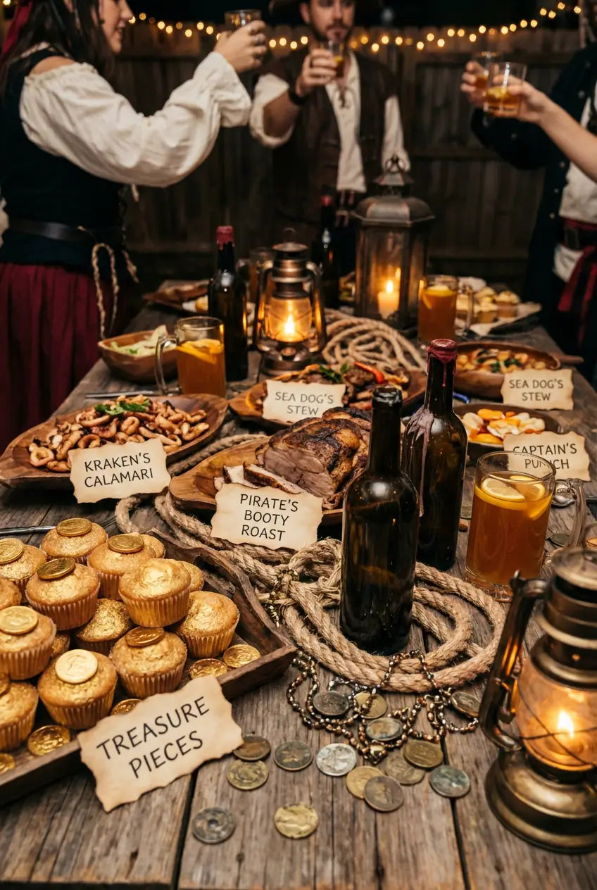 Festin pirate d'un réveillon du jour de l'An avec de la nourriture appétissante sur une grande table en bois. 