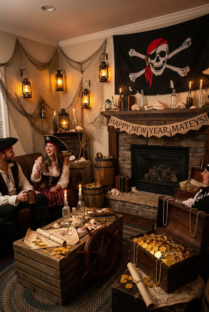 Fête d'un réveillon pirate avec un salon décoré et des personnes qui s'amusent dans une ambiance festive.