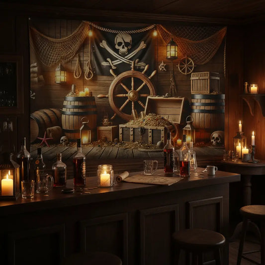 Fond pirate salle au trésor dans une ambiance taverne avec bougies et bouteilles.