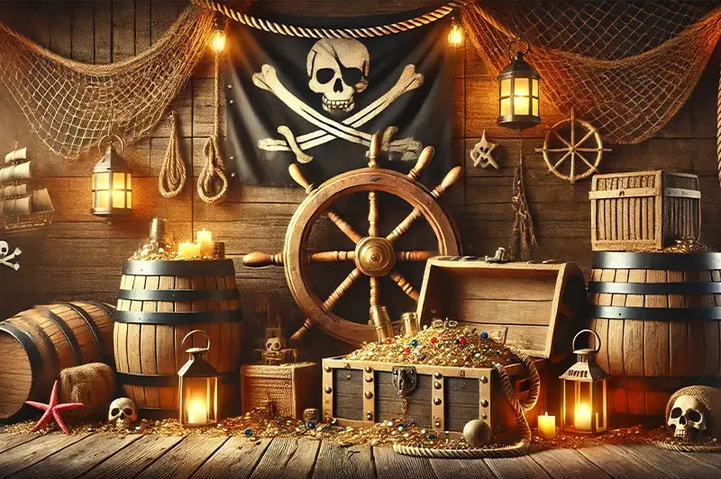 Fond pirate salle au trésor avec tonneaux, roue de navire et coffre doré.