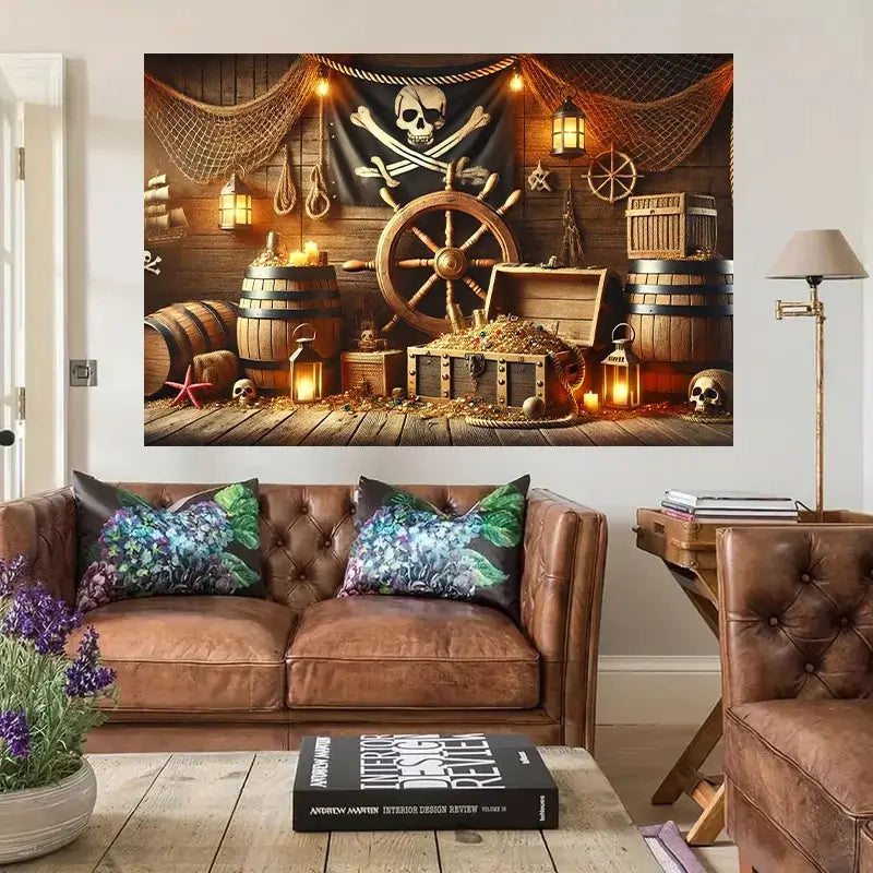 Fond pirate salle au trésor utilisé comme décoration murale dans un salon.