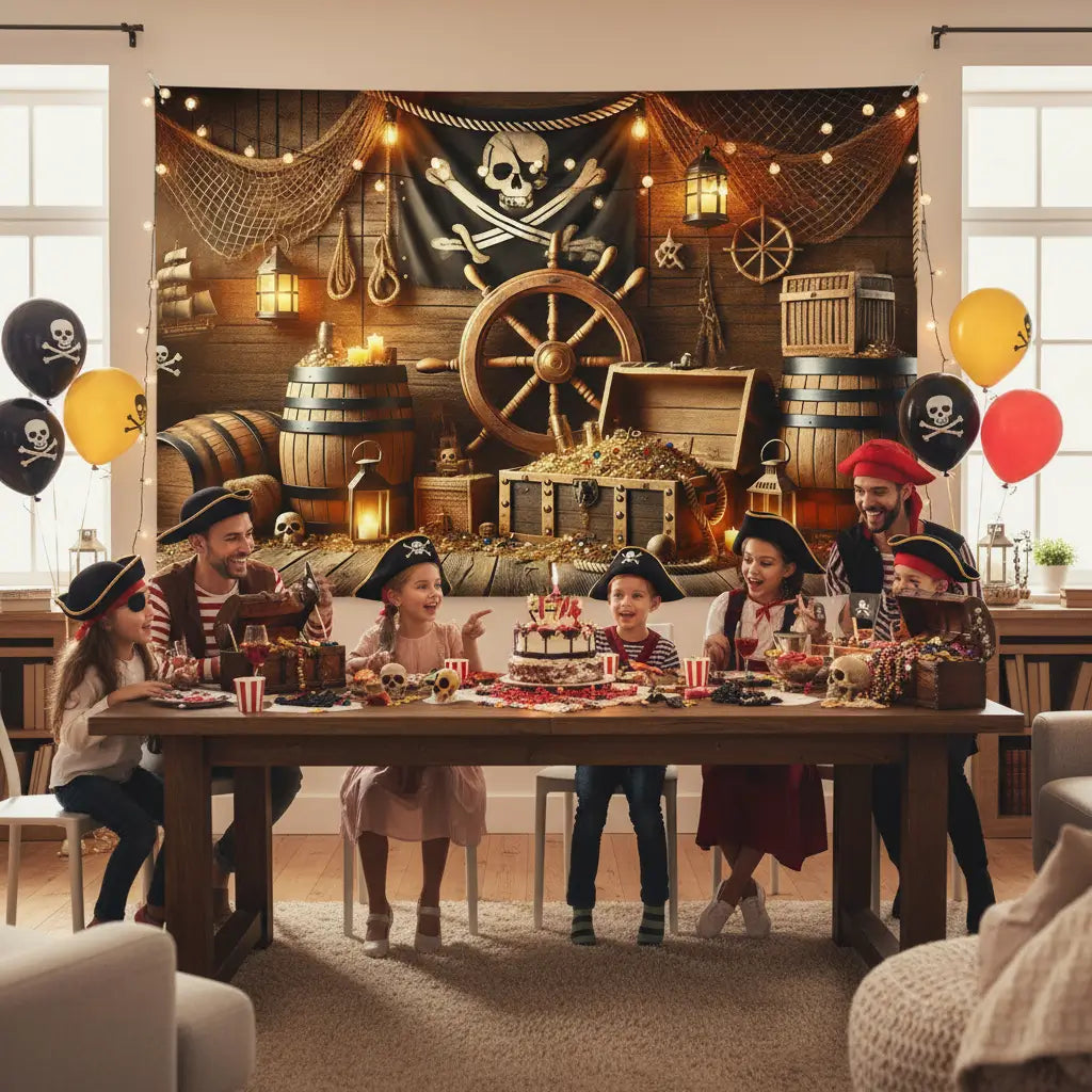 Fond pirate salle au trésor utilisé pour une fête pirate avec enfants.