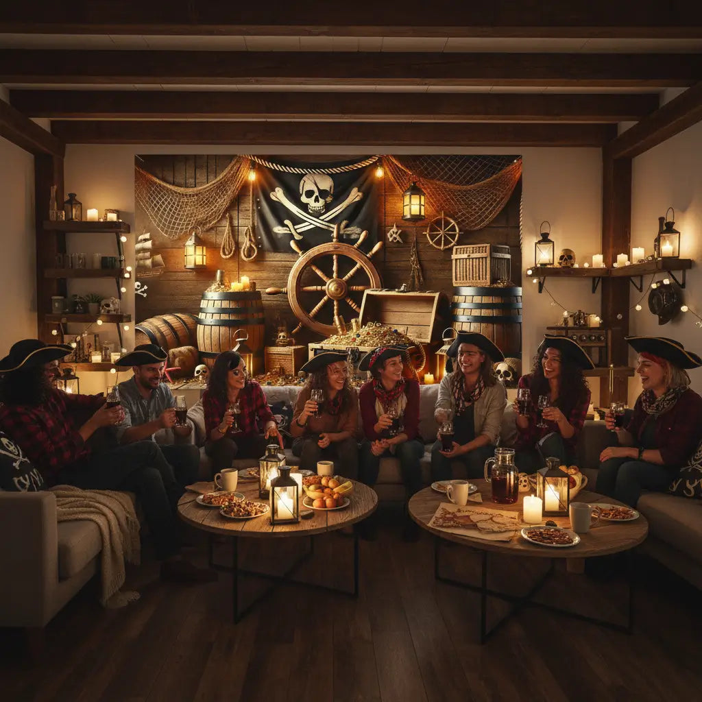 Fond pirate salle au trésor lors d’une soirée pirate conviviale entre amis.