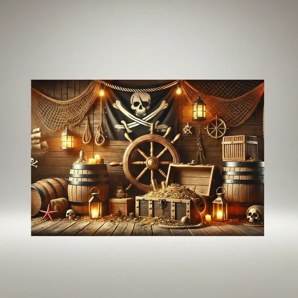 Fond pirate salle au trésor avec décor marin et accessoires de pirates.