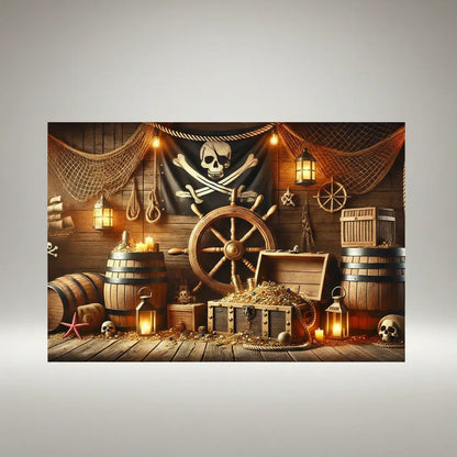 Fond pirate salle au trésor avec décor marin et accessoires de pirates.