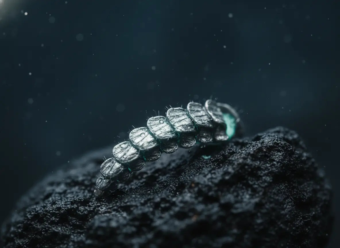 Fragment en argent métallique, dans les profondeurs des abysses d'un objet inconnu semblant appartenir à la créature d'argent.