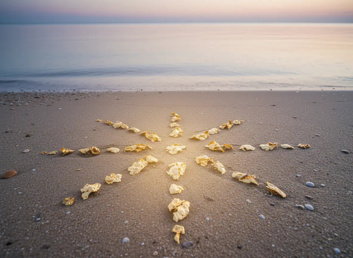 Fragment d'or disposés sur le sable d'une plage, en forme de soleil à sept rayons.