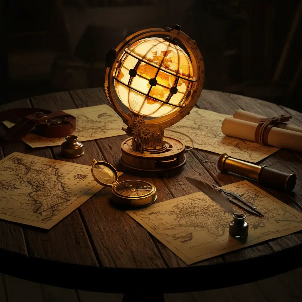 Globe lumineux allumé posé sur une table de cartographe avec instruments de navigation.