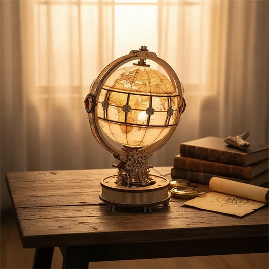 Globe lumineux des routes anciennes diffusant une lumière chaude dans une pièce tamisée.