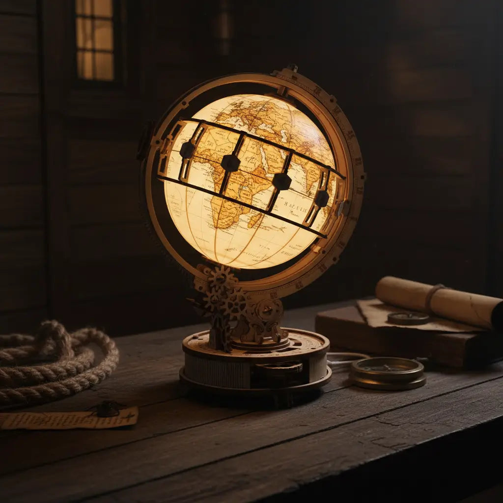 Globe lumineux décoratif posé sur une table en bois dans une ambiance nocturne.