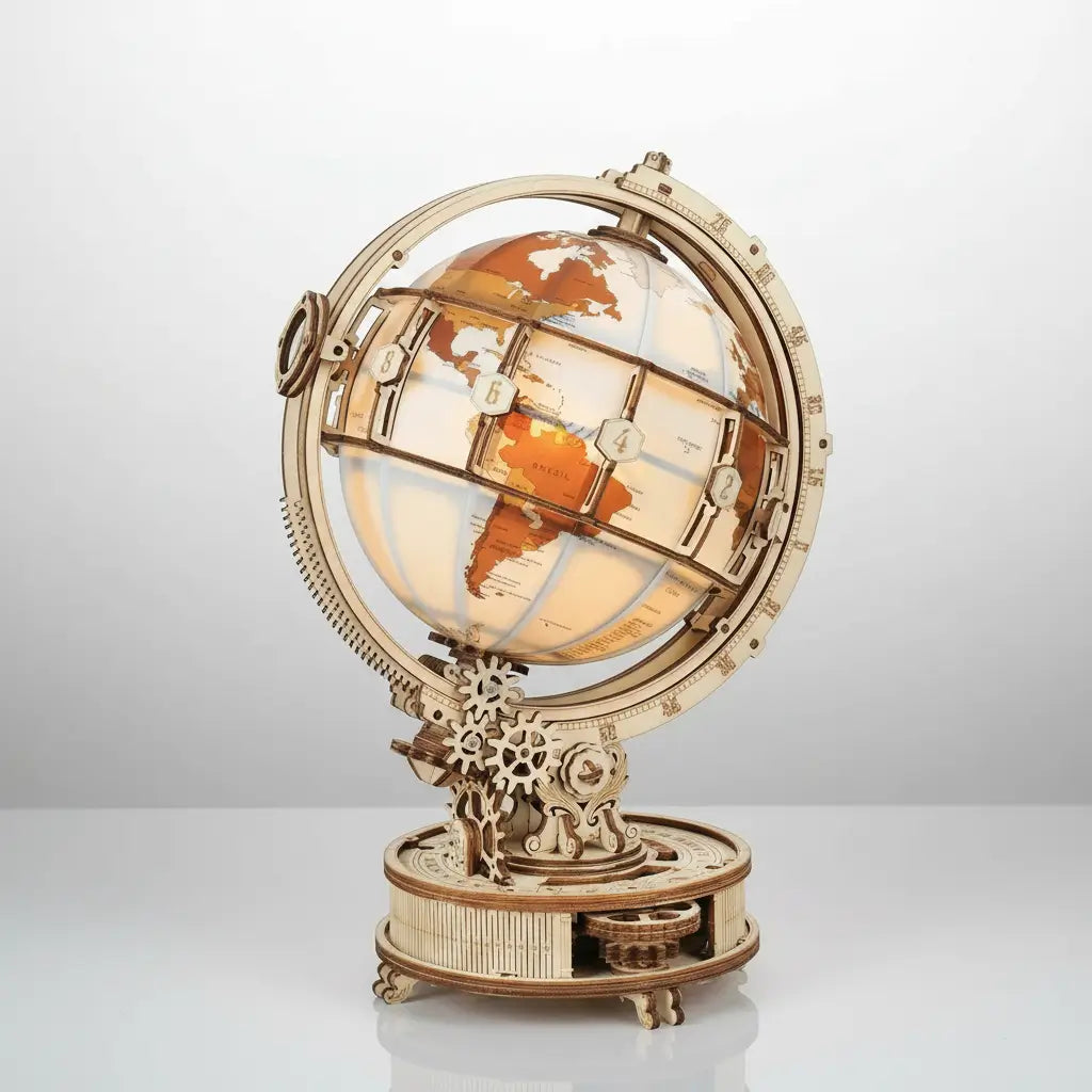 Globe lumineux des routes anciennes présenté sur fond clair avec support détaillé.
