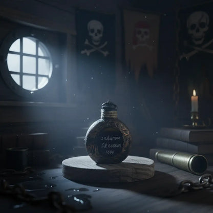 Gourde crâne de la gamme Ténèbre sur un bureau de cabine de navire, lumière froide et décor marin.