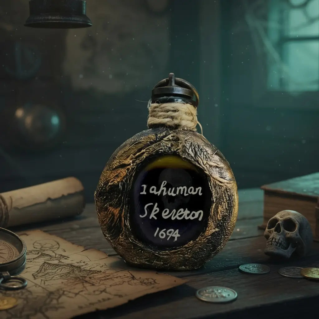 Gourde avec inscriptions mystiques, posé sur une vieille carte au trésor avec crâne décoratif.