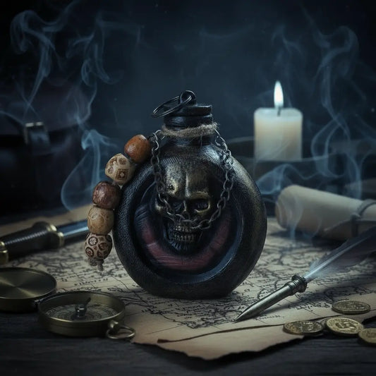 Gourde crâne Ténèbre posée sur une carte ancienne avec chandelle et pièces d’or, ambiance pirate sombre.