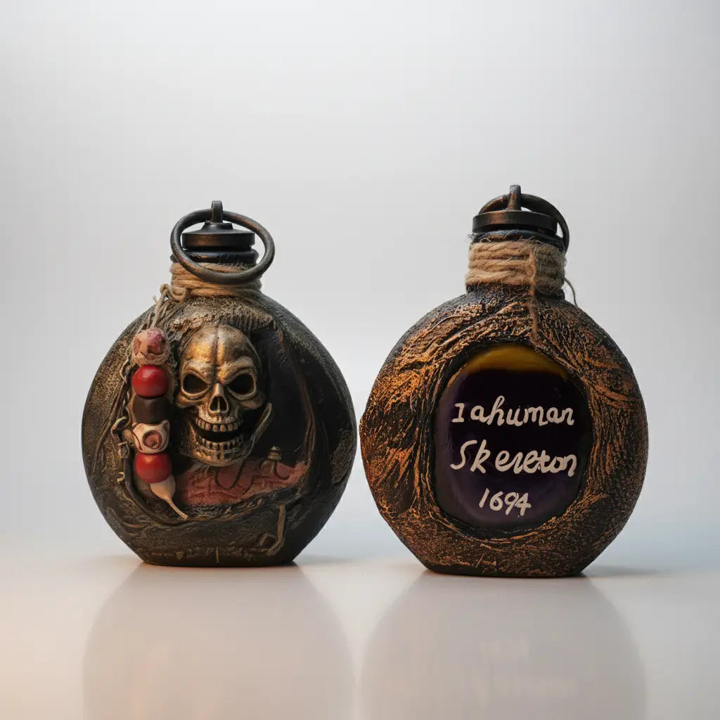 Deux gourdes crâne Ténèbre sur fond blanc studio.