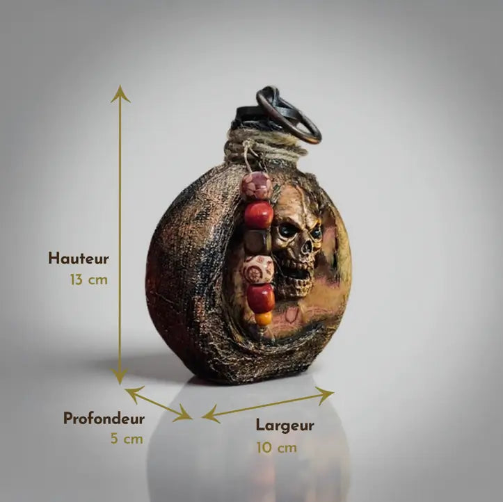 Gourde crâne de la gamme Ténèbre présentée avec ses dimensions, vue technique sur fond clair.