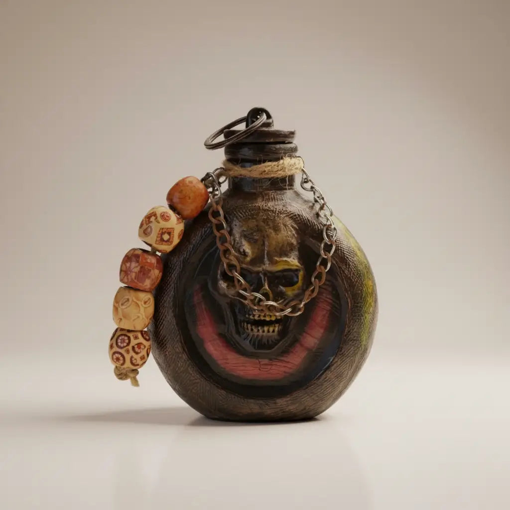 Gourde crâne Ténèbre sur fond clair, perles rouges et décor de tête de mort dorée.