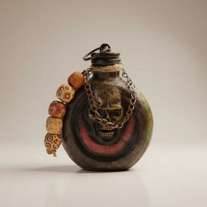 Gourde crâne Ténèbre sur fond clair, perles rouges et décor de tête de mort dorée.