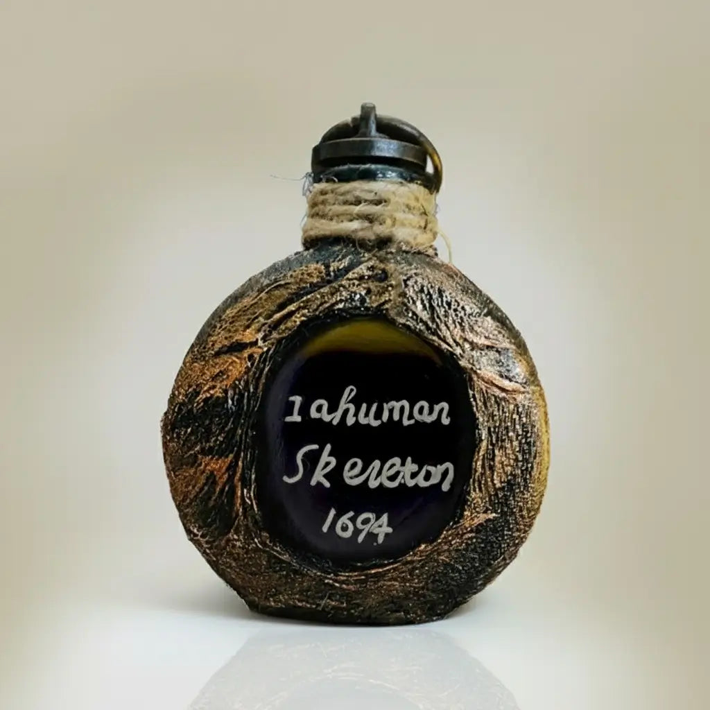 Gourde avec inscription « 1ahuman Skeveron 1694 », sur fond clair.