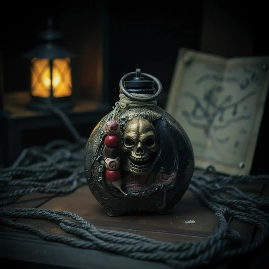 Gourde crâne Ténèbre éclairée à la lampe tempête, sur corde marine et fond obscur.
