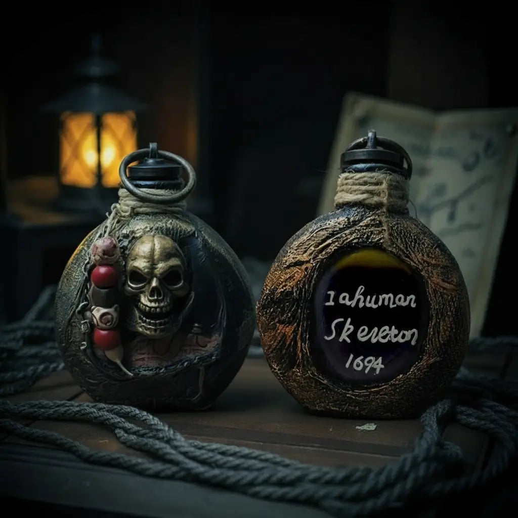 Deux gourdes, l'une avec perles rouges et l'autre avec inscriptions, éclairées à la lanterne, sur fond obscur.