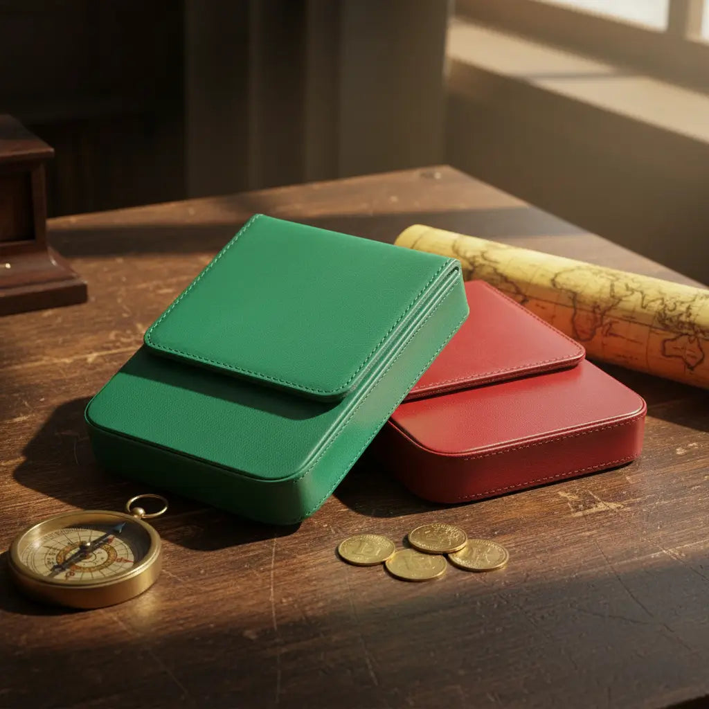 Grand étui du navigateur en cuir présenté en vert et rouge sur un bureau ancien.