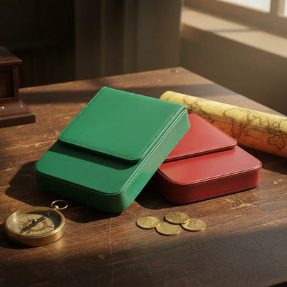 Grand étui du navigateur en cuir présenté en vert et rouge sur un bureau ancien.