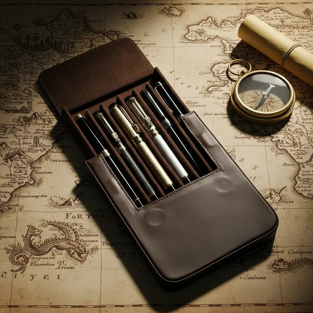 Grand étui du navigateur en cuir contenant des stylos, posé sur une carte ancienne de navigation.